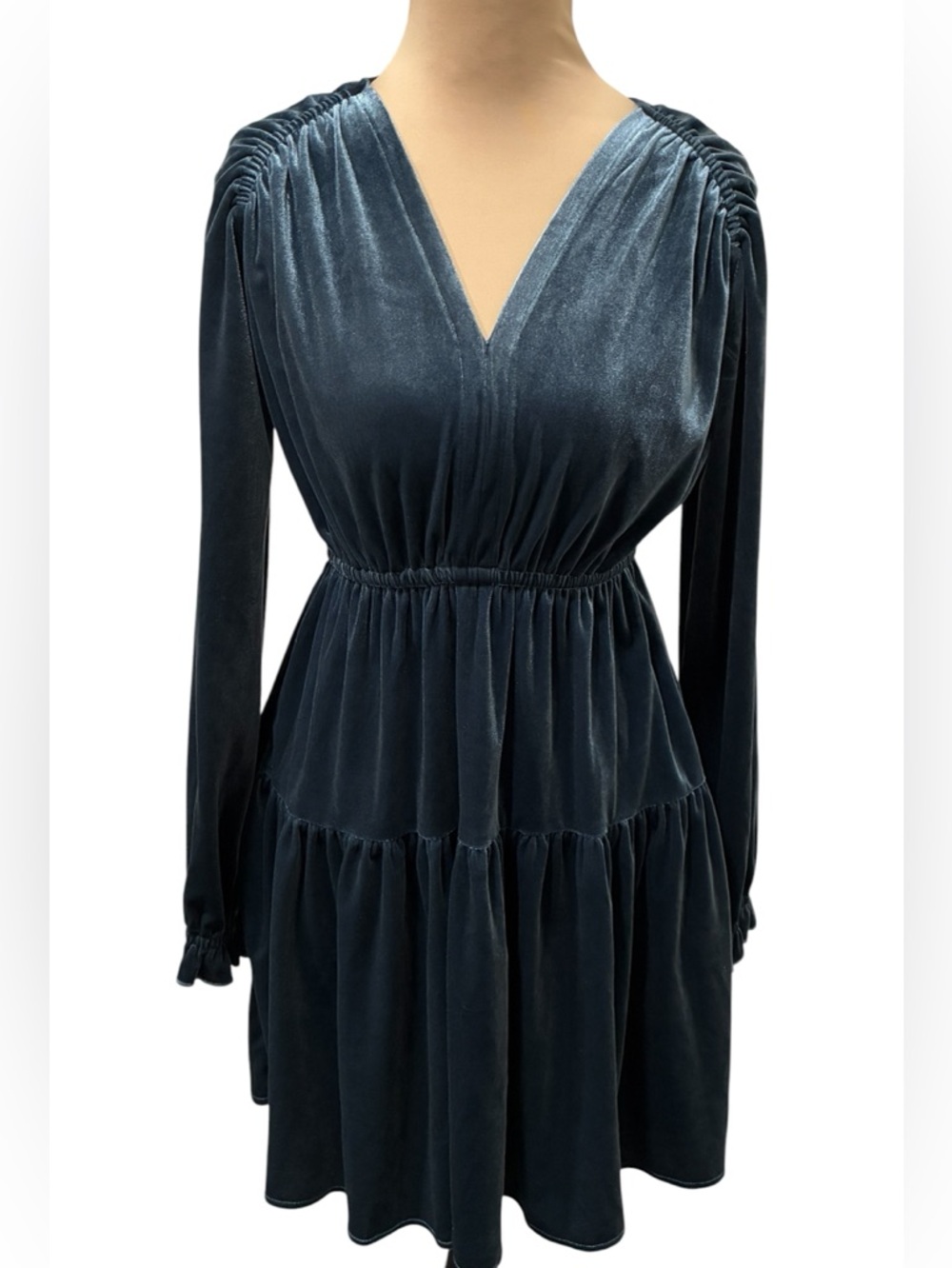 NWT Velvet Tiered Long-Sleeve Dress in Teal